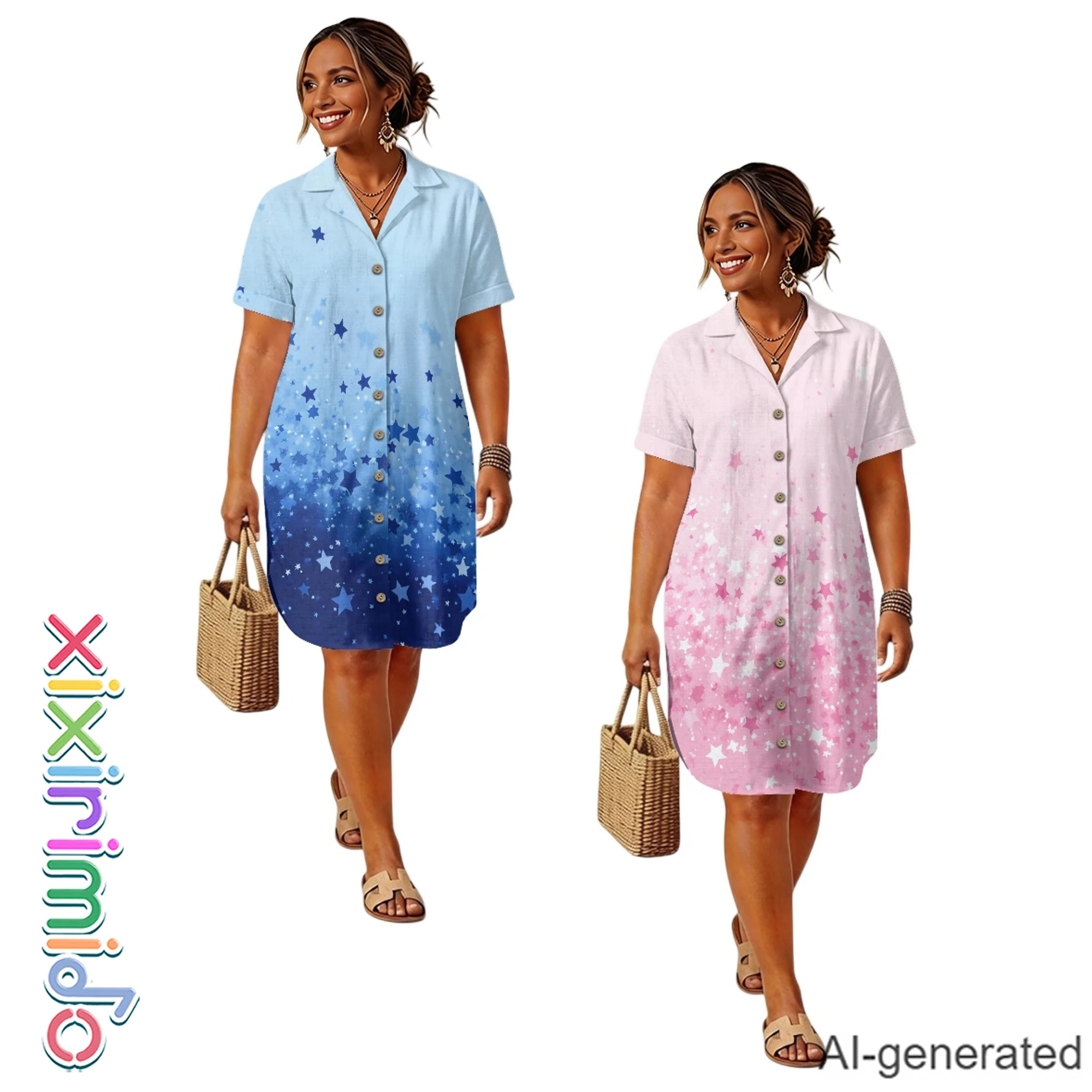 XIXIRIMIDO Summer Women's Linen Turn-Down Collar Sundresses Shirt Dress Gradient Star Print Button Down Loose Dress with Pocket