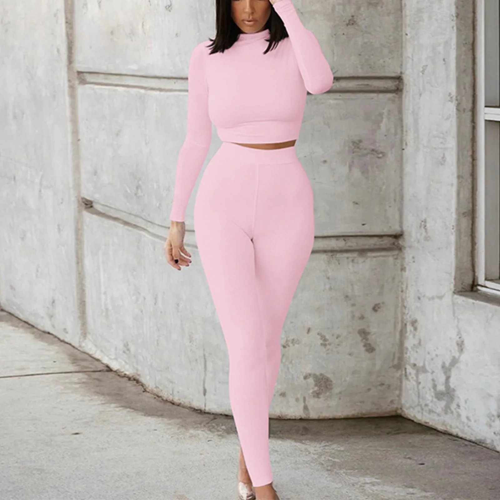 Women Spring Autumn Casual Two Piece Set Hooded Crop Tops Sporty Leggings Matching Stretchy Soft Skinny Fitness Slim Streetwear