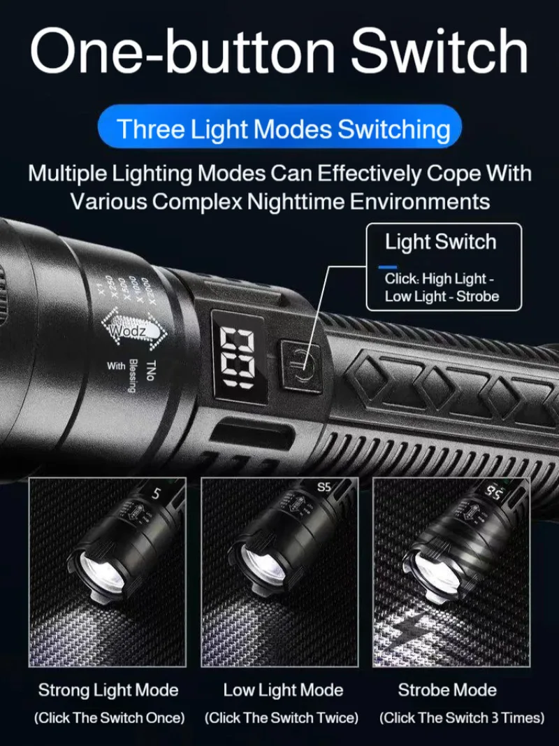Multifunctional plastic flashlight super long-range outdoor strong light flashlight zoom digital display rechargeable flashlight