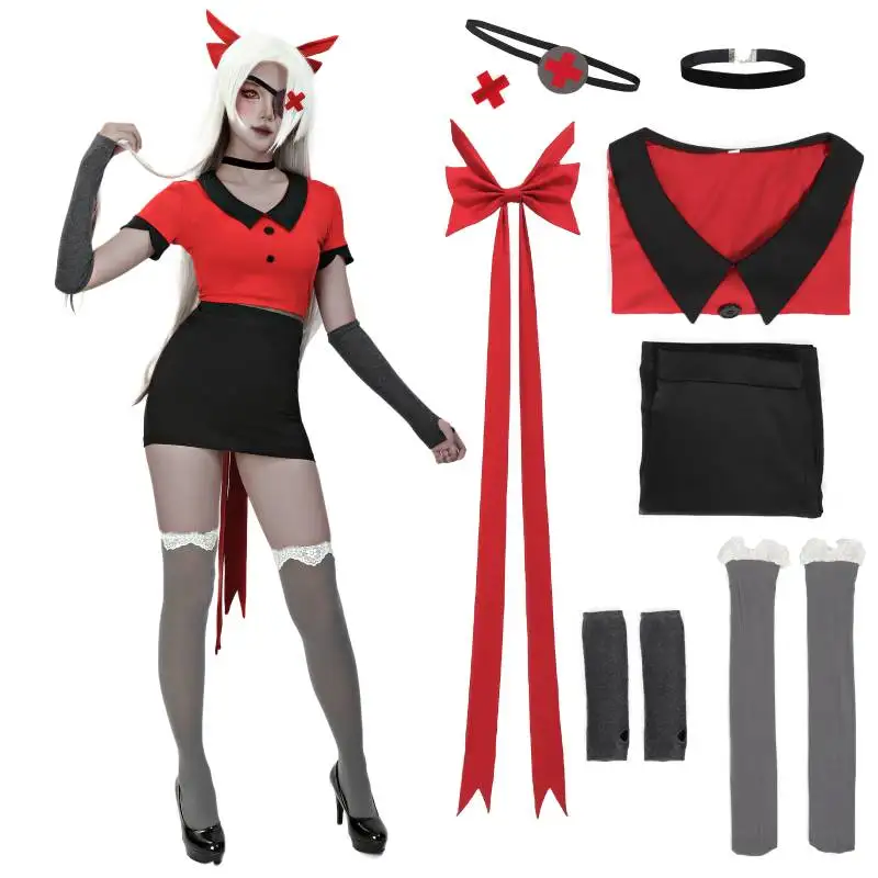 DAZCOS Vaggie 코스프레 의상 애니메이션 유니폼 Hazbin Suit 레드 코스프레 의상 여성용 할로윈을위한 전체 세트 유니폼 복장