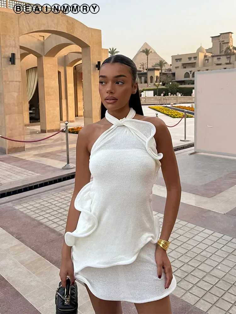 

Sexy Ruffles Cropped Halter Mini Dress Women Backless Sleeveless White High Waist Short Vestidos Fashion 2025 Chic Street Gowns