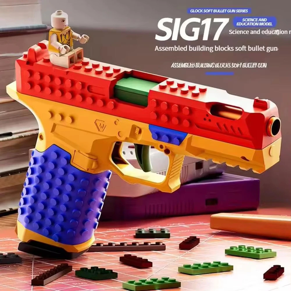 Building Block Pistol Continuous Firing Toy Pistol Rapid Fire Shell Ejecting DIY Soft Bullet Blaster For Boys Kids Cosplay Gift