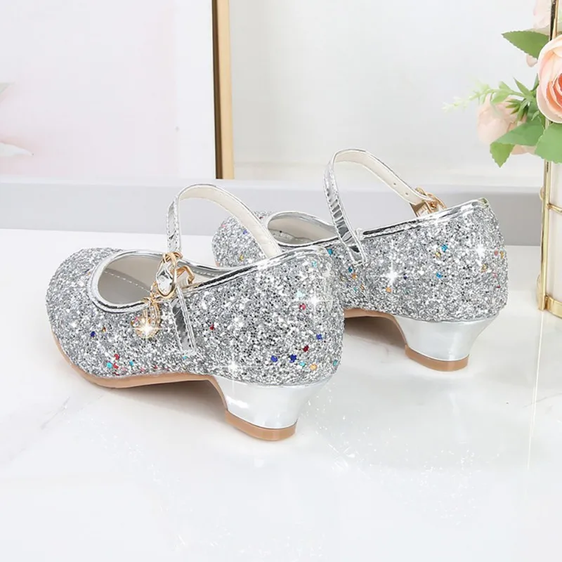 Princess Kids Girls Party Shining Flats Shoes Anti-slip Soft Children Sequins High Heels Shoes Birthday Holiday Casual Shoes