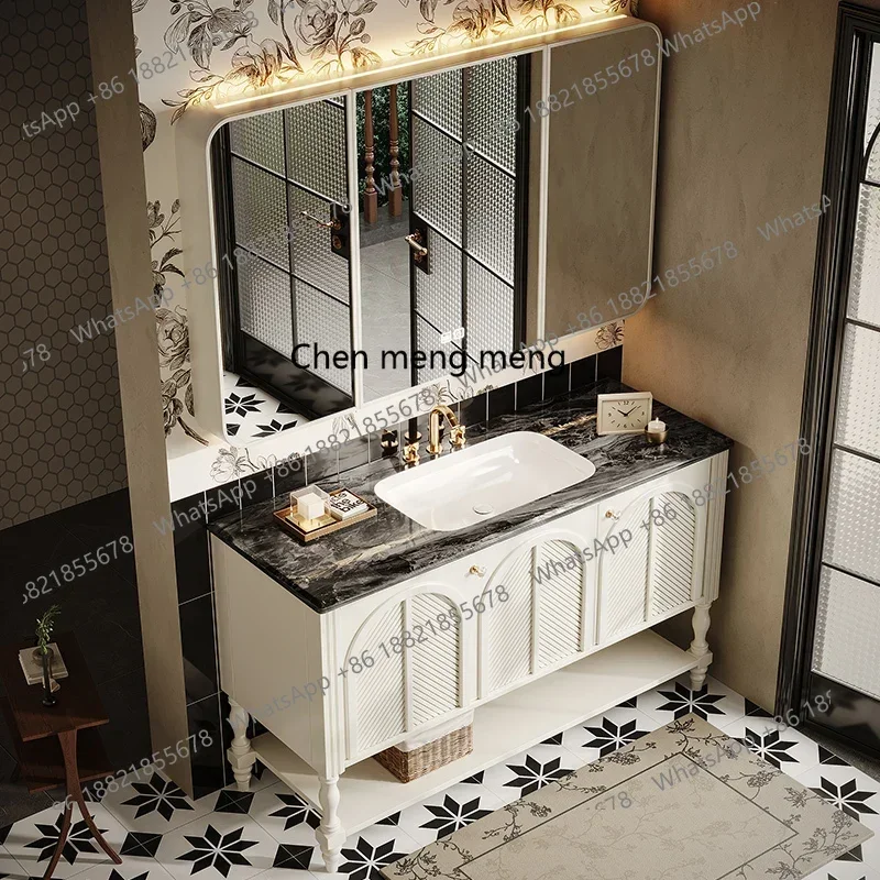 French retro bathroom cabinet combination floor-to-ceiling bathroom washstand marble washbasin cabinet