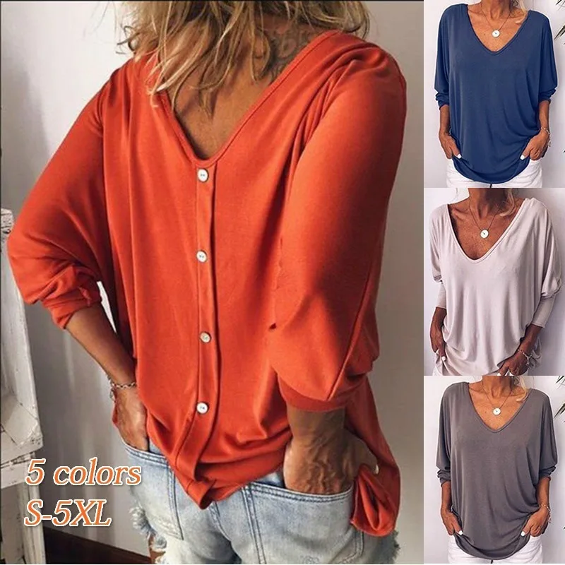 

V-neck cropped sleeve back button T-shirt loose top