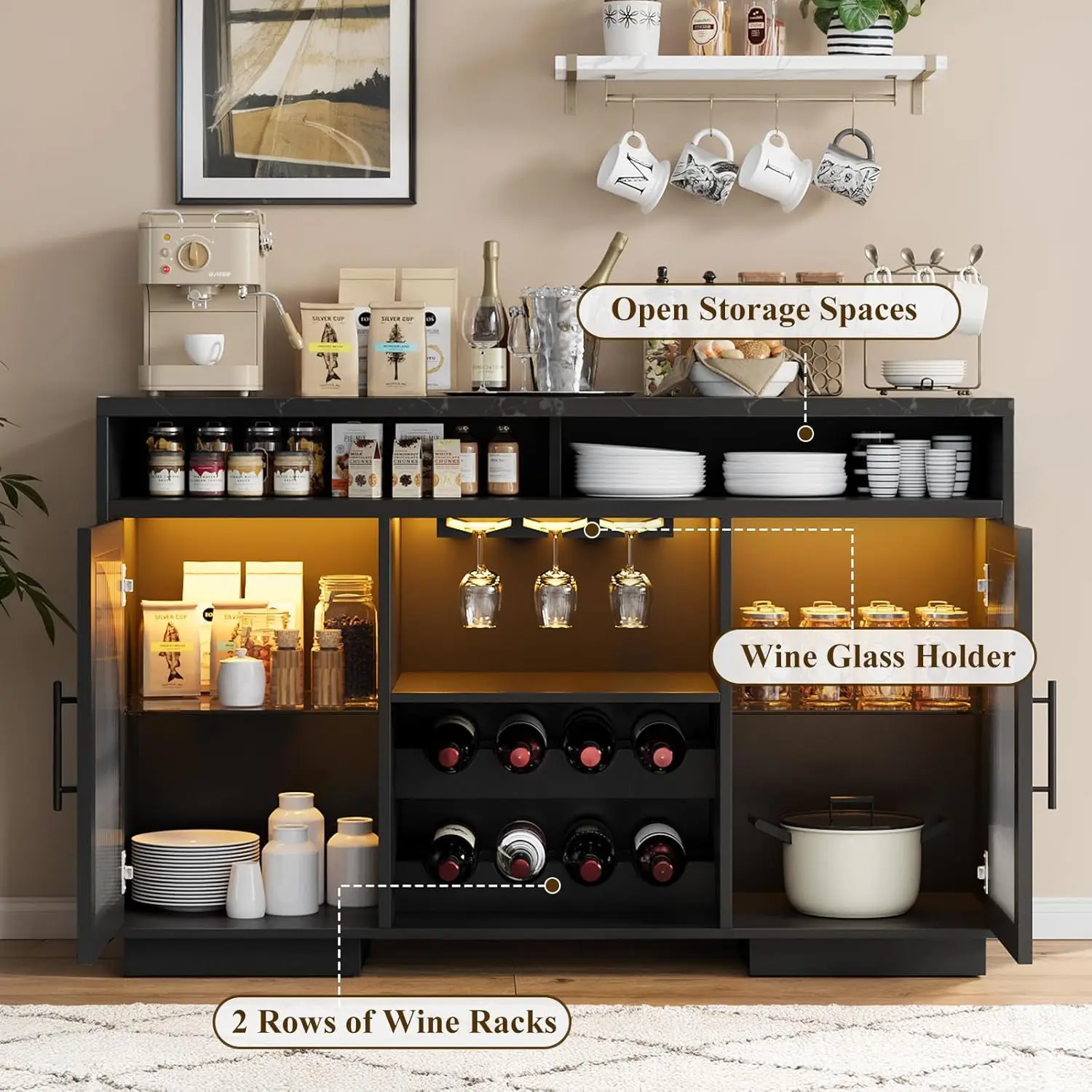 54" LED Kitchen Buffet Cabinet with Arched Glass Doors Adjustable Shelves Wine Rack Dining Storage Black, Customized