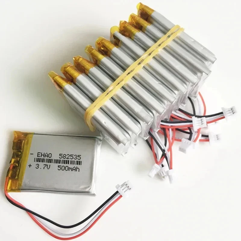 10 PCS 3.7V 500mAh Lithium Polymer LiPo Rechargeable Battery JST 1.0mm 3pin connector 582535   For Mp3 GPS bluetooth Camera watc