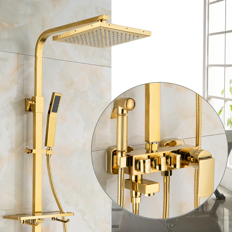 Gold Thermostatic Bathroom Shower Set Quality Brass Bathroom Faucets 12 Inch Rain Shower Head Hot Cold Bathroom Shower System