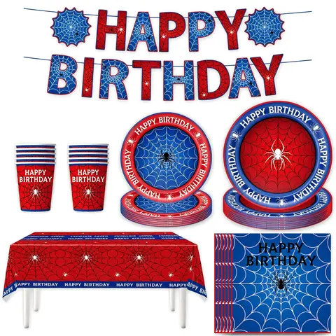 Red and Blue Color Spider Theme Birthday Party Tableware Set Spider Web Halloween Decoration Party Scene Layout Baby Party Gift