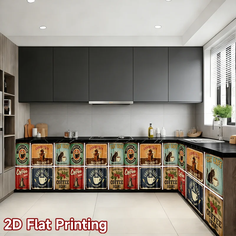 VIKAMA Vintage Coffee Print Cabinet Curtain Small Short Curtain for Laundry Room Kitchen Cupboard Closet Storage Home Decoration