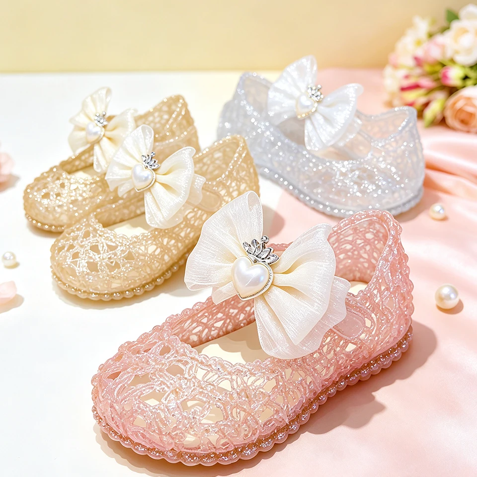 Toddler Little Girls Princess Jelly Mary Jane Shoes Hollow Out Lace Upper Pearl Beaded Summer Elegant Little Kids Flats Sandals - view 4