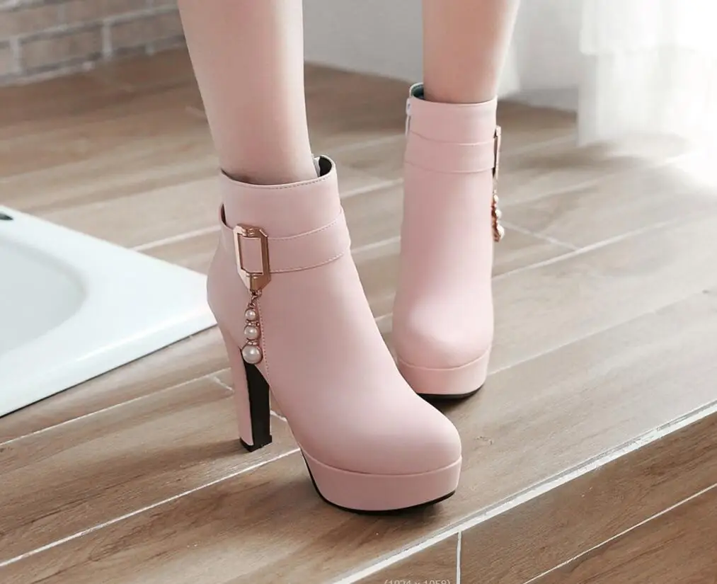 Fashion Spring Autumn Boots Women Ankle Winter Shoes Women Square Heel Leather Boots Women eaded chain belt buckle ankle boots