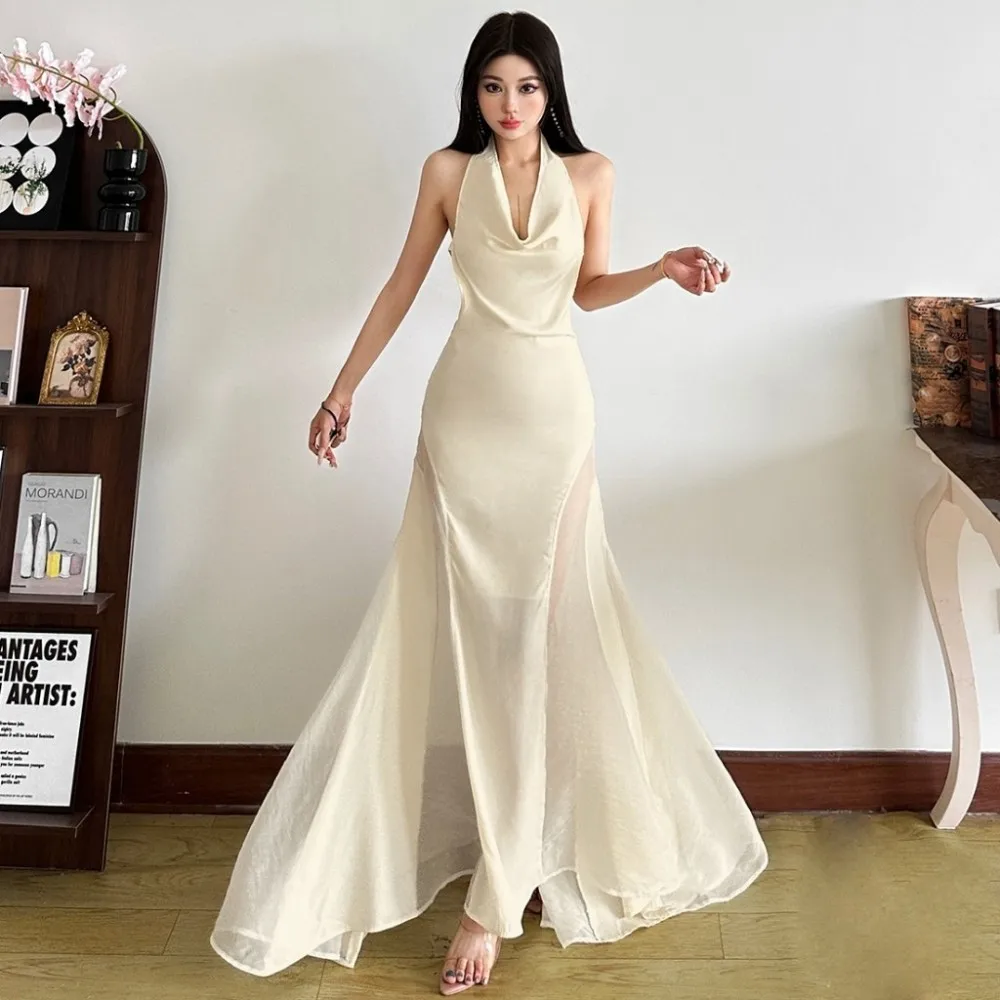 SylCue メッシュパッチワークマキシドレス女性スイング襟背中の開いたノースリーブミッドナイト宴会パーティーシャーリングエレガントなスキニー Vestidos