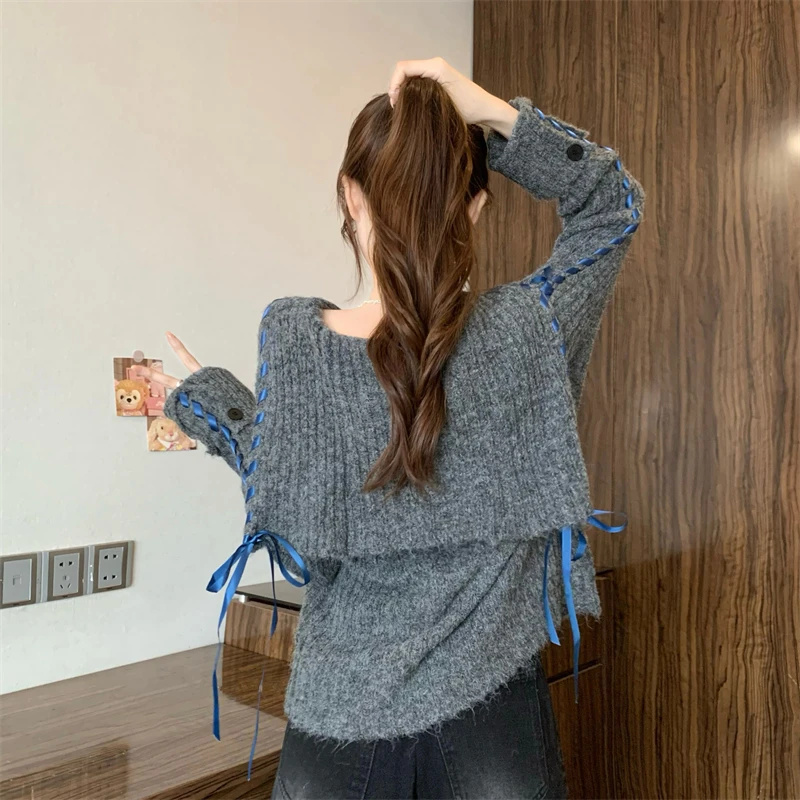 Korean Sle Navy Collar Asymmetrical Knitted Sweater Cardigan Faionable Women's Autumn Winter New Arrival Warmth Heating