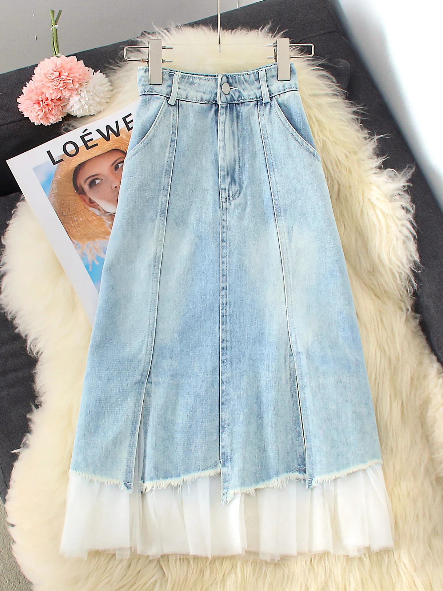 2026 New Women's Spring Summer Outfit Korean Style Light Blue Denim Skirt Fashionable High Waisted Patchwork Mesh A-Line Skirt