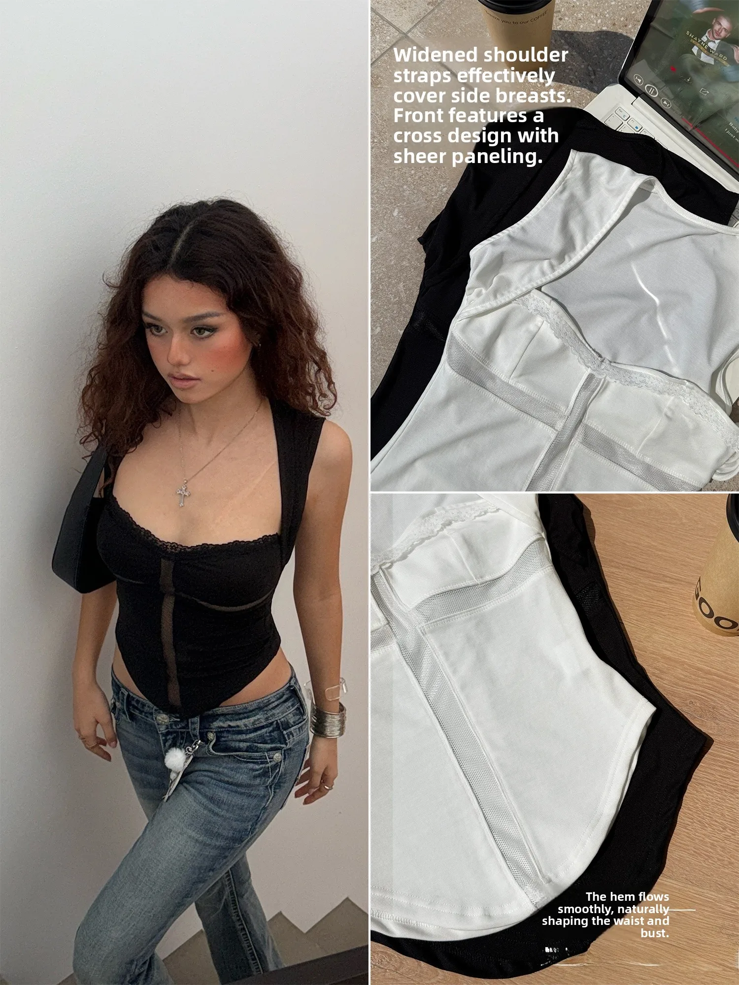 Audwyn Lace Patchwork Halter Top Slim Fit Square Collar Base Shirt Spring New Style Cross Waist Control Slimming Women's Vest