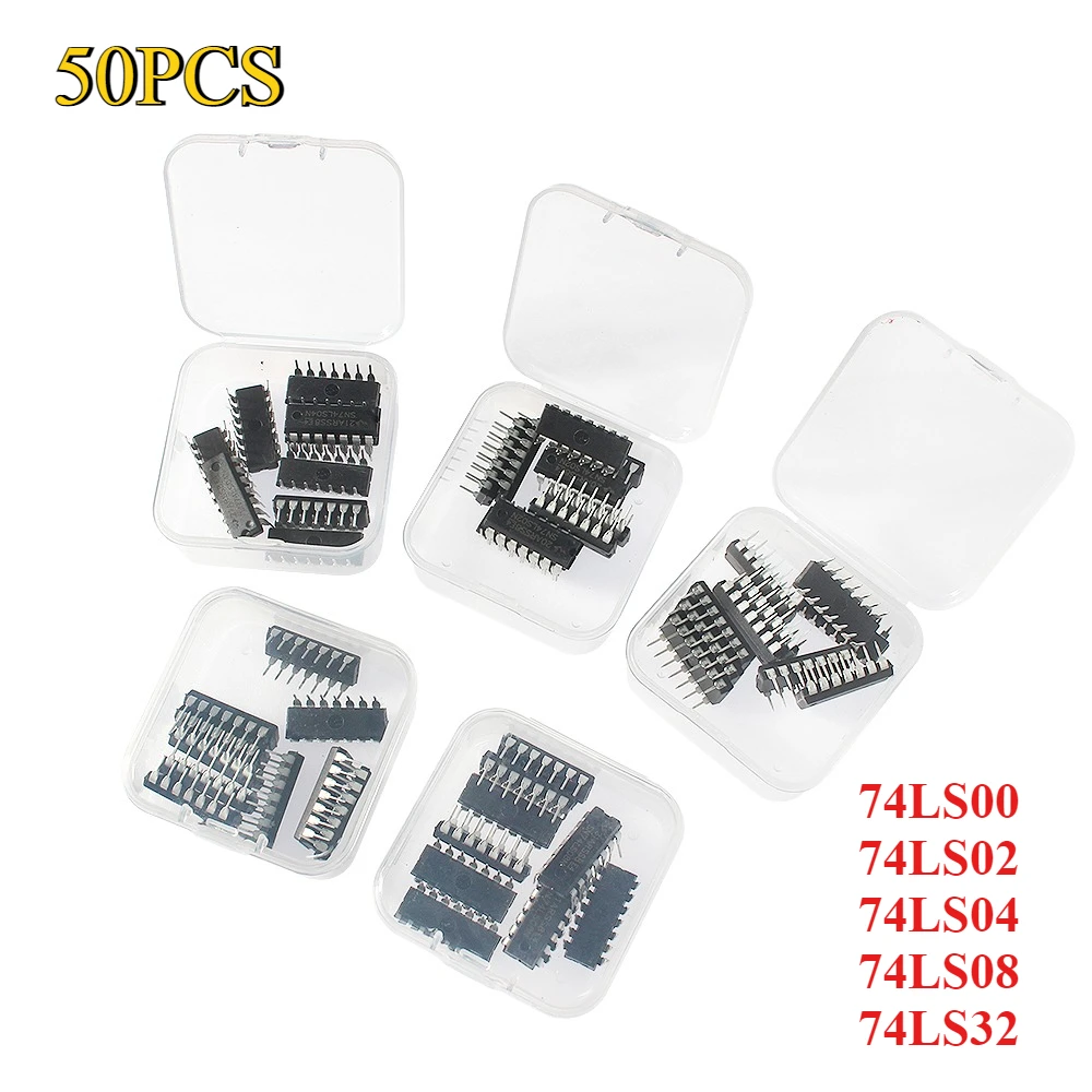 50PCS Logic IC Kit 74LS00 74LS02 74LS04 74LS08 74LS32 DIP-14 5 Value Each 10pcs Integrated Circuit Chip Assortment Kit with Box