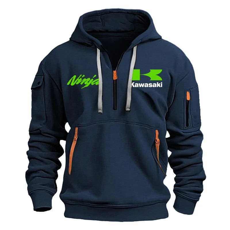 Kawasaki Ninja Logo Motorcycle Racing Team Men Half Zipper Hoodie Spring Autumn Male Sweatshirt Sports Men's Pullover Clothes