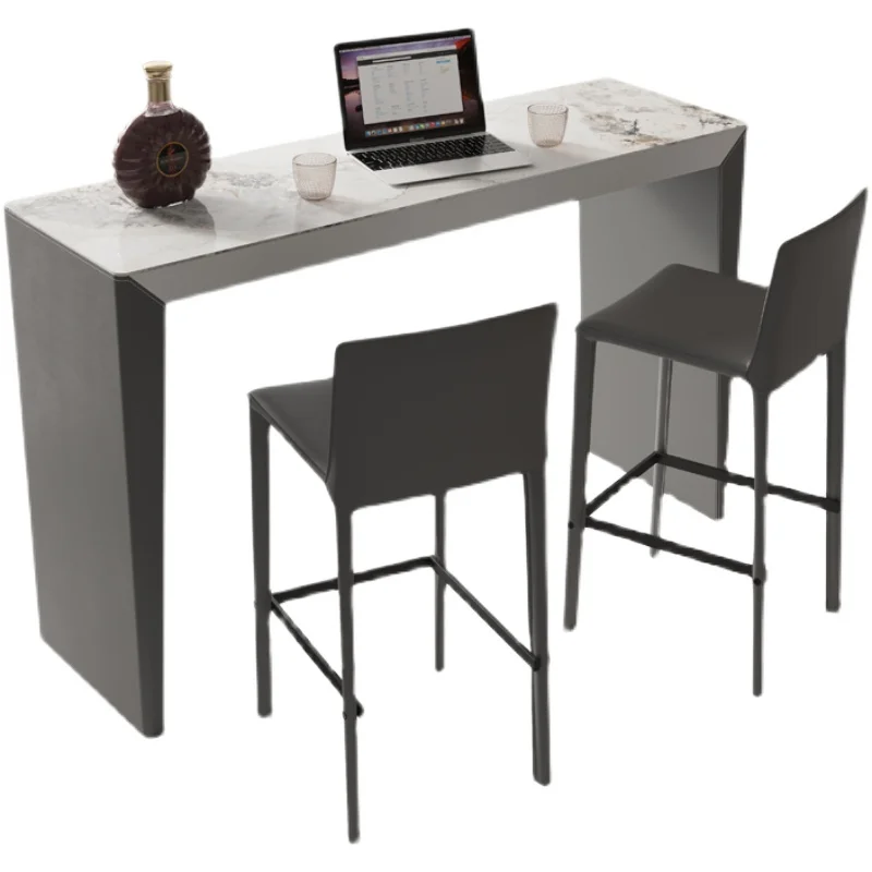

Italian rock slab island dining table integrated household saddle leather bar table modern light luxury high-end living room bar