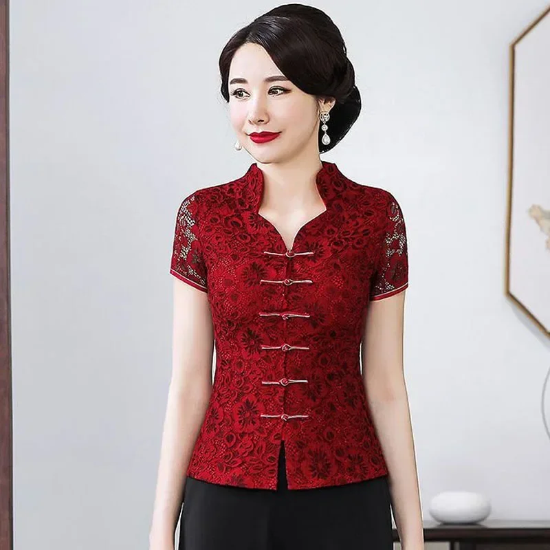 Cheongsam-Tops de talla grande para mujer, camisas de encaje ahuecadas de manga corta, estilo chino tradicional, traje Tang rojo, Qipao, 2024