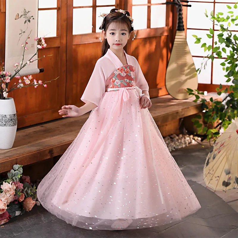 Summer  Girls Perform Costumes Tang Suit Kids Chinese Lovely Ancient Hanfu Children Embroidery Cotton-padded Clothes