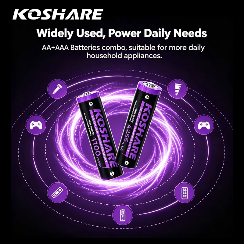 KOSHARE 1.5V Rechargeable Batteries AA AAAConstant Voltage 4255mWh 1100mWh Lithium Battery For  Game Controller and Cameras Toys