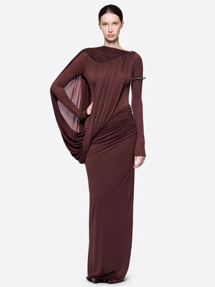 

Sexy O Neck Folds Patchwork Long Dress Women Long Sleeves Irregular Pleated Slim Dresses Evening Party Cocktial Gowns