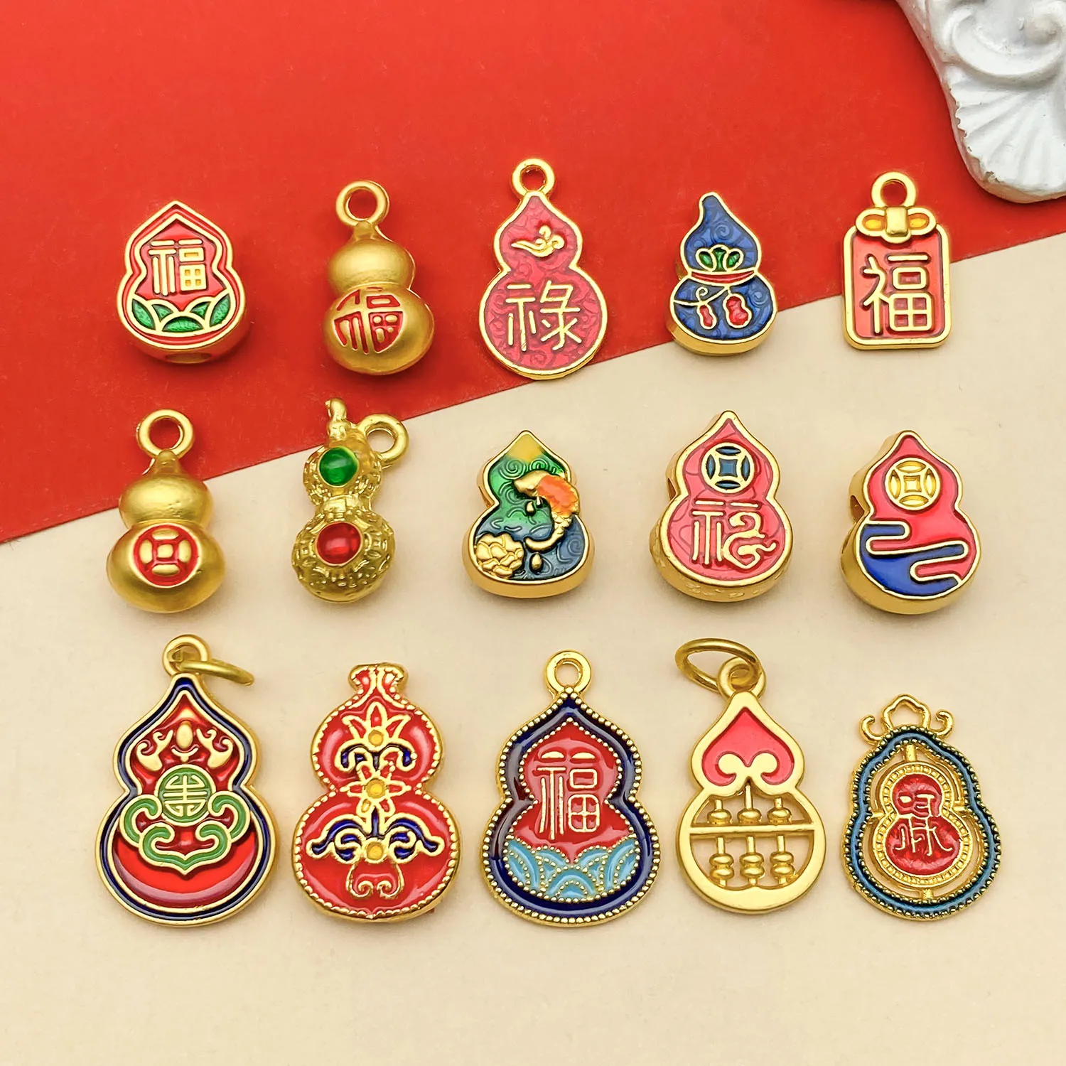Mix 15pcs Alloy Drip Enamel Matte Gold Gourd Series Pendant Accessories, DIY Necklaces, Earrings, Keychains, Jewelry Making Fash