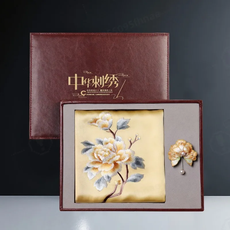 Hand Embroidered Mulberry Silk Scarf with Brooch, Luxury Gift Box Packed Suzhou Silk Shawl Premium Present