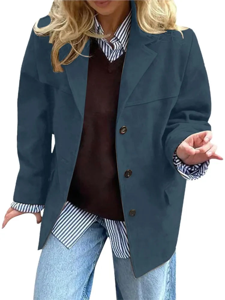 

Autumn Winter New Woomen Suede Jacket With Lapel Woman Casual Fashion Solid Color Single Breasted Pocket Long Sleeve Short Coat