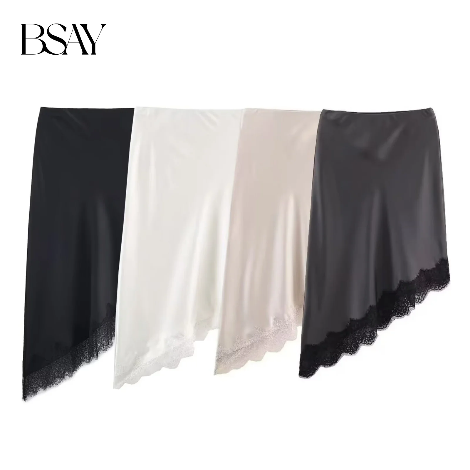 BSAY Lace Asymmetry Satin Texture Skirt Women Fashion Autumn Winter New Solid Chic Female High Waist Elegant Skirts Mujer