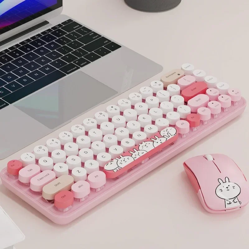 Wireless Keyboard and Mouse 2.4G Keyboards with Colorful 68 Keys Typewriter Retro Round Keycap for Laptop Tablet Windows