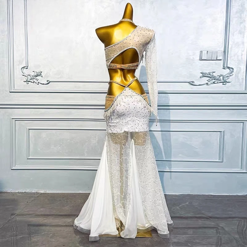 Customized White Oriental Belly Dance Costumes Practice Performance Dress Set Female Sexy Modern Dance Dress Belly Dancing Bra