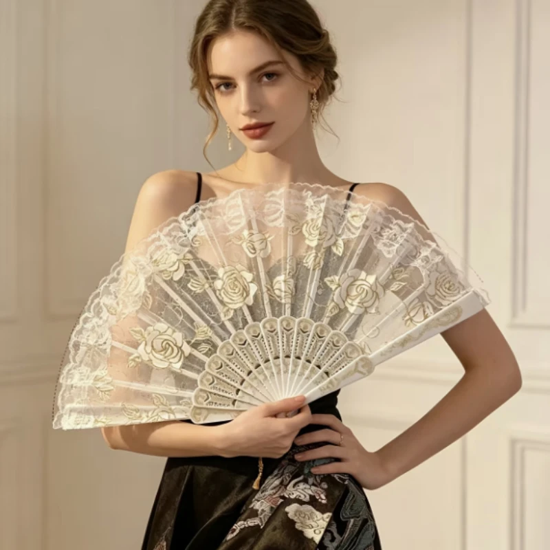 Black Lace Rose Embroidery Hand Fan W/ Tassel, Gothic Victorian Vintage Fan, Wedding Bridal Lolita Cosplay Photo Accessories view 2