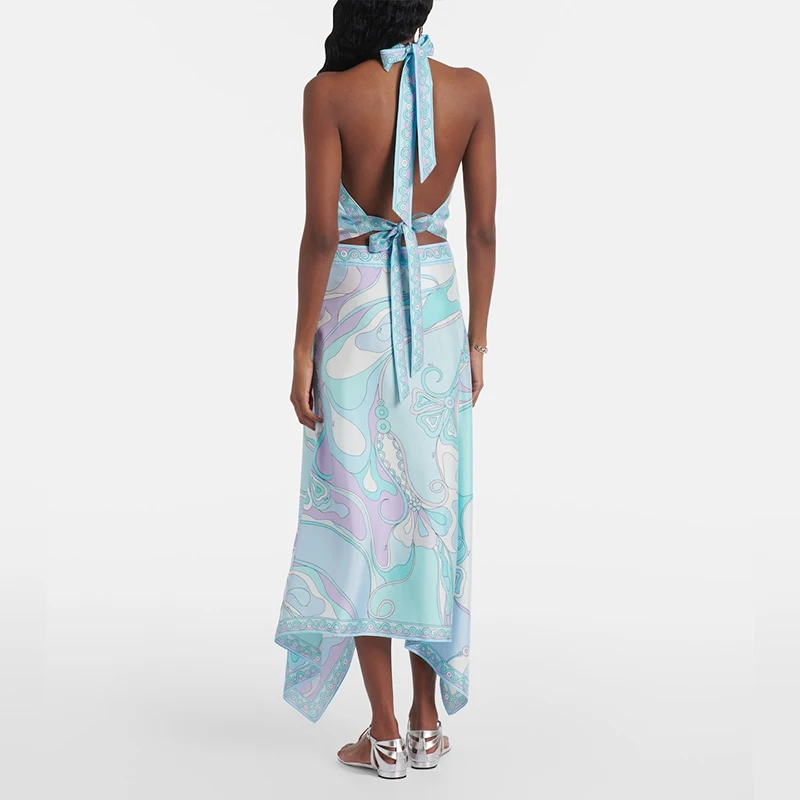 

Vintage Lace Up Backless Halter Top Half Skirt 2 Piece Set Casual Print Vacation Women Outfit Elegant Satin Irregular Beach Suit