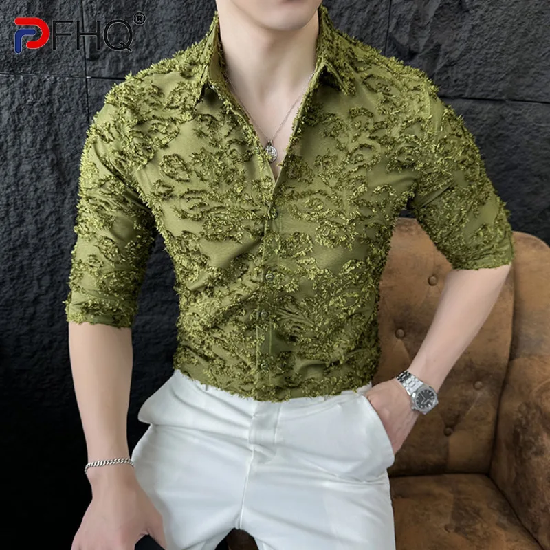 PFHQ Fashionable Celebrity Lace Mid Sleeved Shirt New Summer Hollow Out 2024 Solid Color Single Breast Male Tops 21Z5368