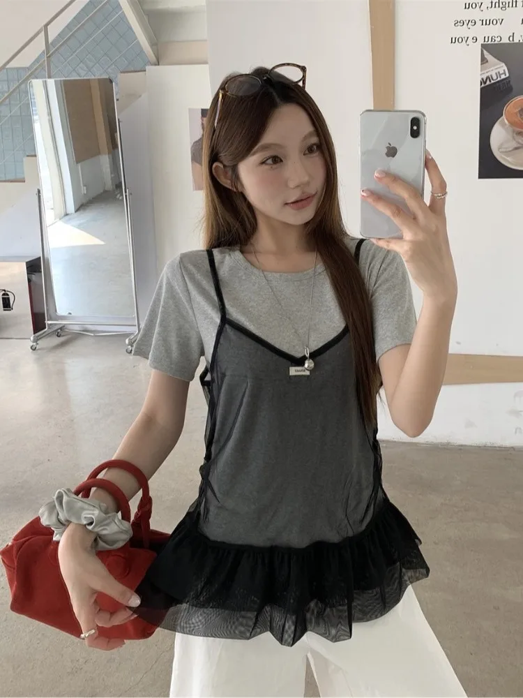 

plus Size Women's Summer Loose Mesh Lace Trim Tank Top Short Sleeve T-Shirt Set Korean Style Slimming Versatile round Neck