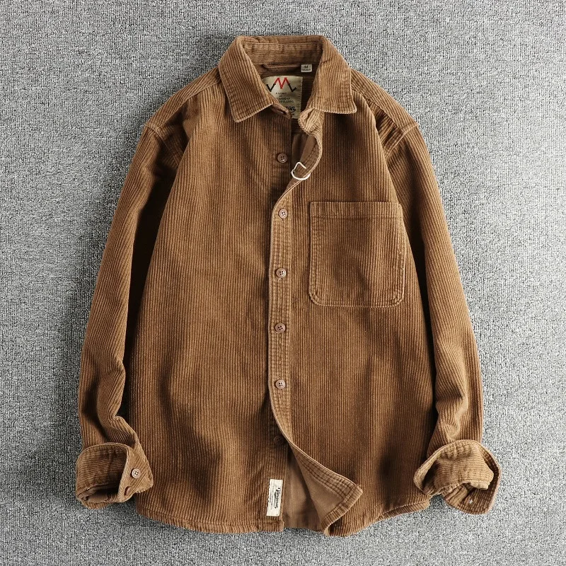 100% Cotton Corduroy Washed Long Sleeve Shirt Men's American Retro Trend Single Pocket Shirt Jacket