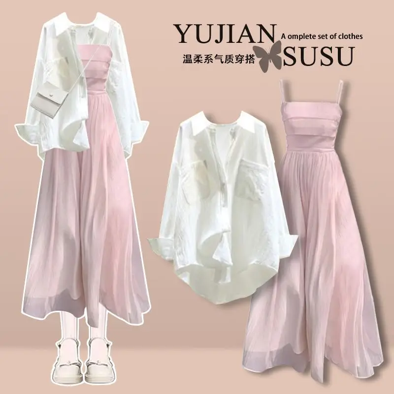 

Casual Shirt Skirt Women Set Solid Long Sleeve Top Dress Matching 2025 Summer Beach Vacation Chic Lady Outfit