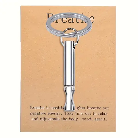 Stainless Steel Whistle Relax Anxiety Keychain Yoga Meditation Breathing Key Chain Breathe Keyring With Card