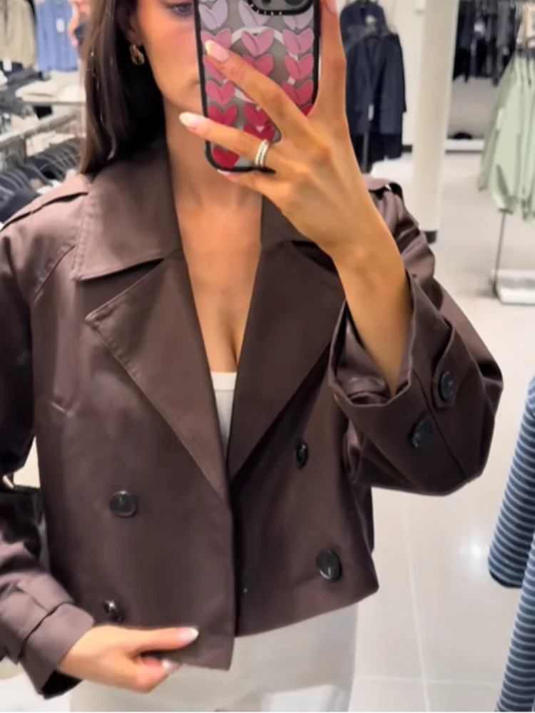 Brown Double Breasted Short Trench Coats Women Casual Lapel Long Sleeve Pocket Cropped Jackets Lady Commute Office Street Wear