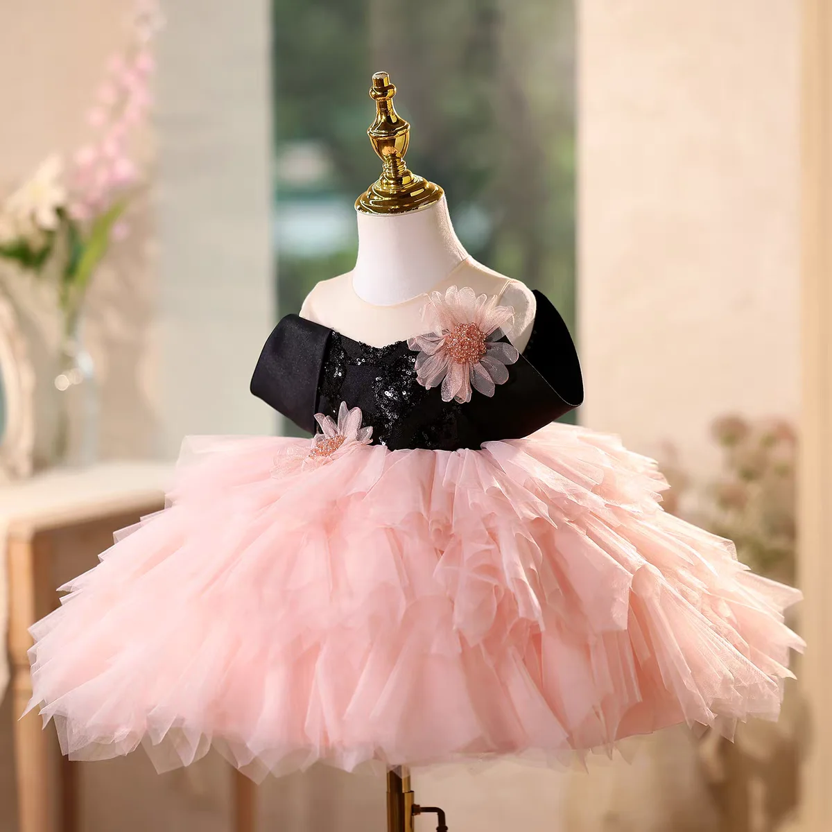 Dromerige gelofte D112 charmante roze applique meisjesjurk zwarte mouwloze top kinderen prinses verjaardag bruiloft festivaljurk