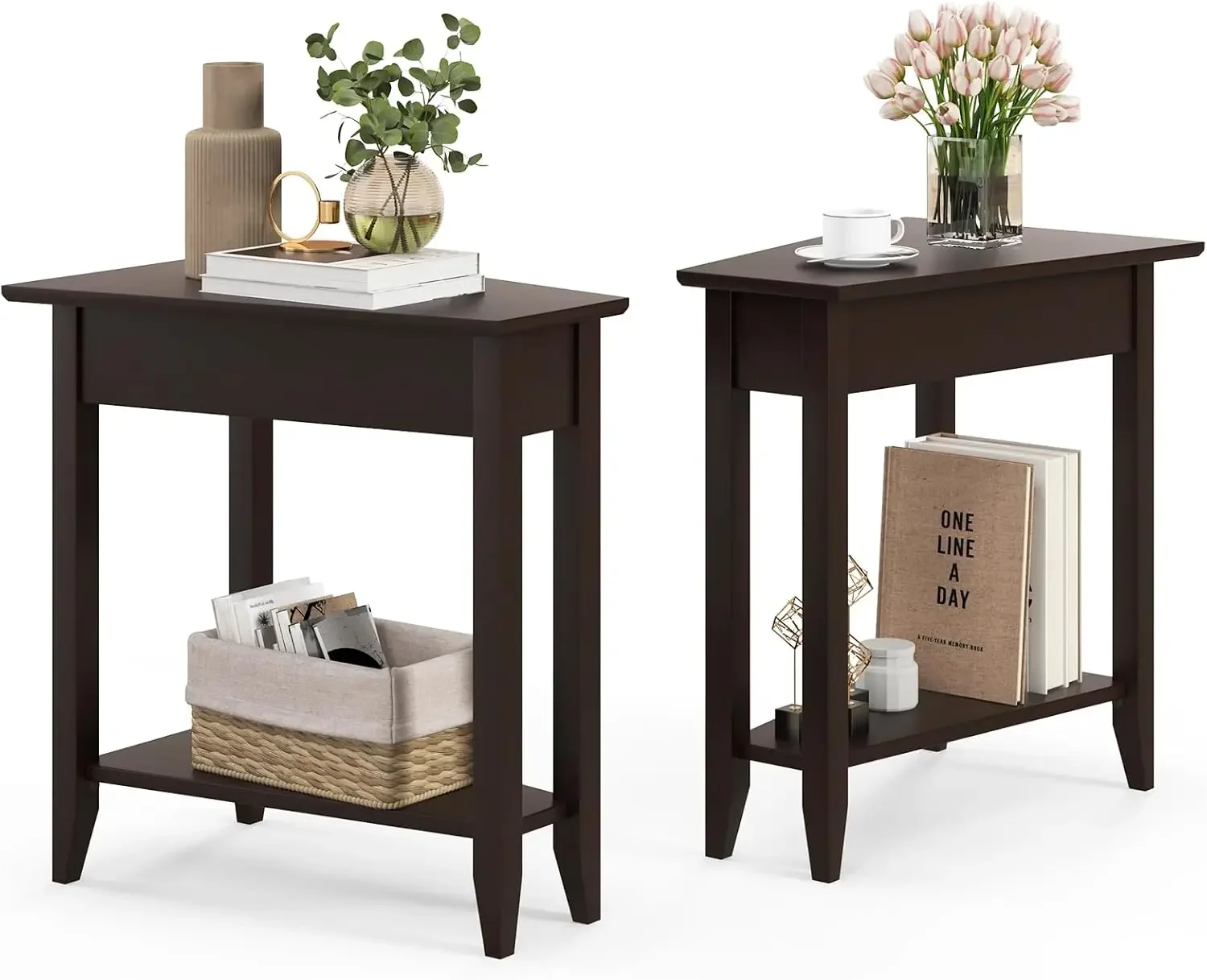 Set Of 2 Wedge End  Triangle Side Storage Shelf Solid Wood Legs Recliner Nightstand Accent Living Room Sm