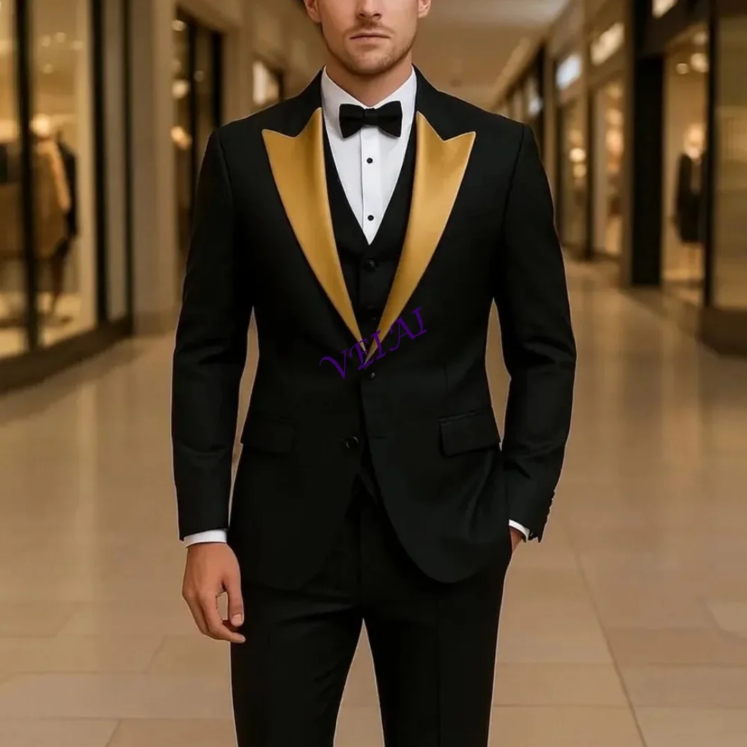 

Индивидуальный новый черный деловой мужской костюм с золотым воротником, жених, жених, свадебная вечеринка, выпускной, мужские смокинги, комплект из 3 предметов, блейзер, жилет