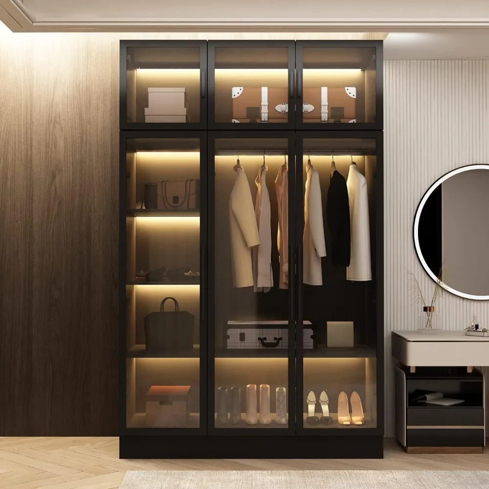 with LED Light Strips, Armoire Closet with Glass Doors, Wooden Large Shelf Storage Cabinet with 4 Tiers Shelf, Pop-up Organizer