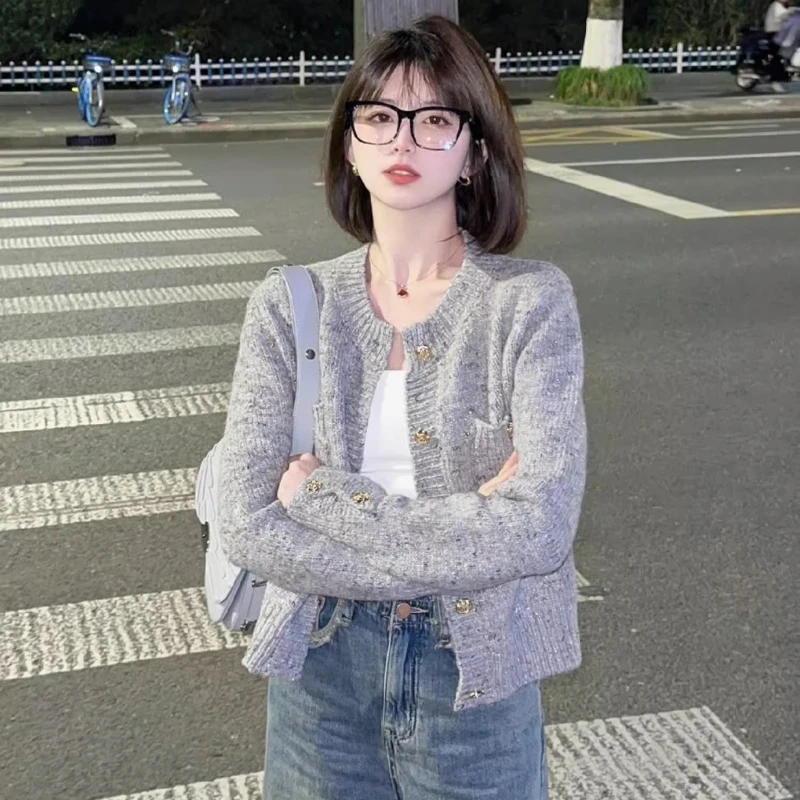 Coreano elegante pequeño fragante gris cuello redondo corto suéter de punto para mujer abrigo primavera otoño nuevo Casual estilo perezoso cárdigan fino