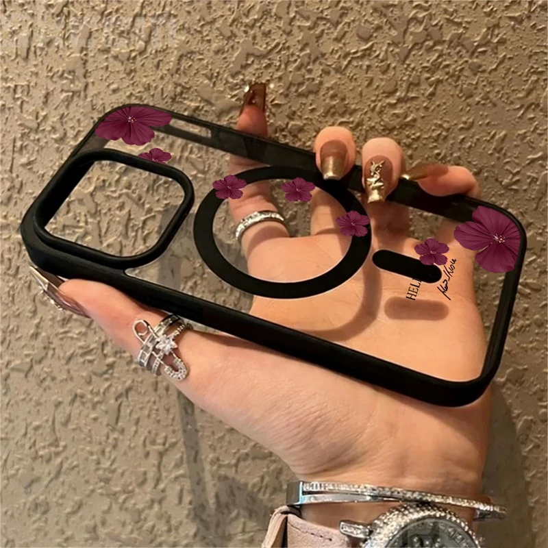Vintage-Blumen Transparente Hülle für Magsafe iPhone 15 16 13 Pro Max 17 14 11 13 12 Pro Max Plus Hülle Magnetisches Kabelloses Laden Coque – Detail 2