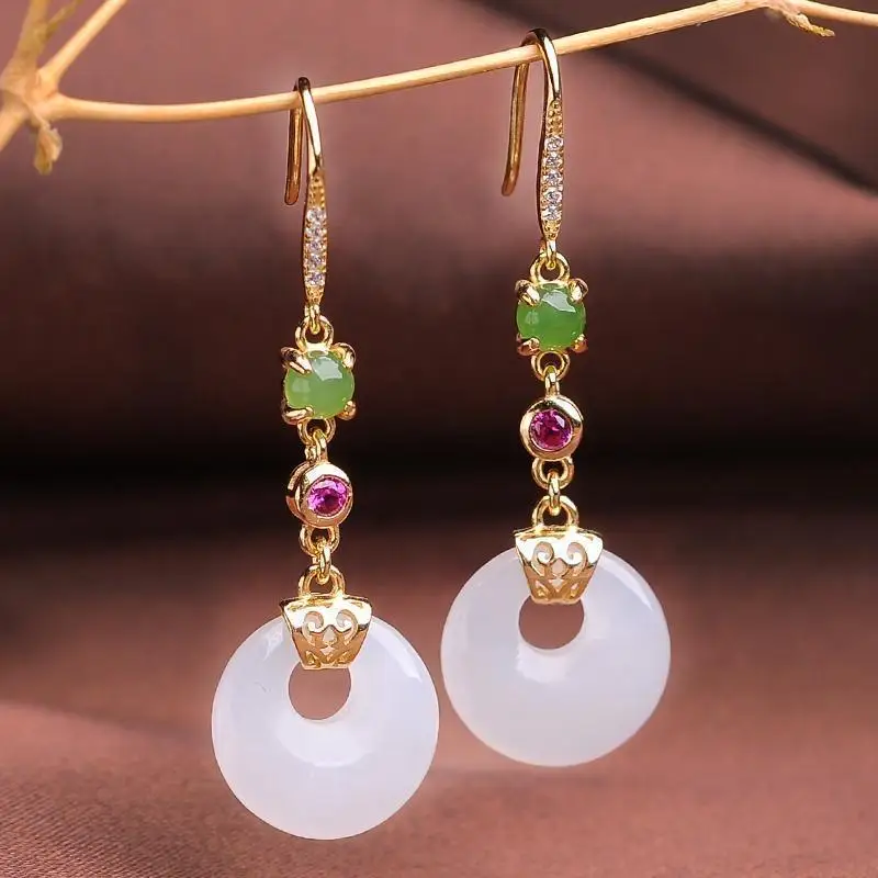 

Natural Hetian Jade Earringss925Silver Inlaid Hetian White Jade Earrings Silver Hoops Women's Hypoallergenic Ear Jewelry