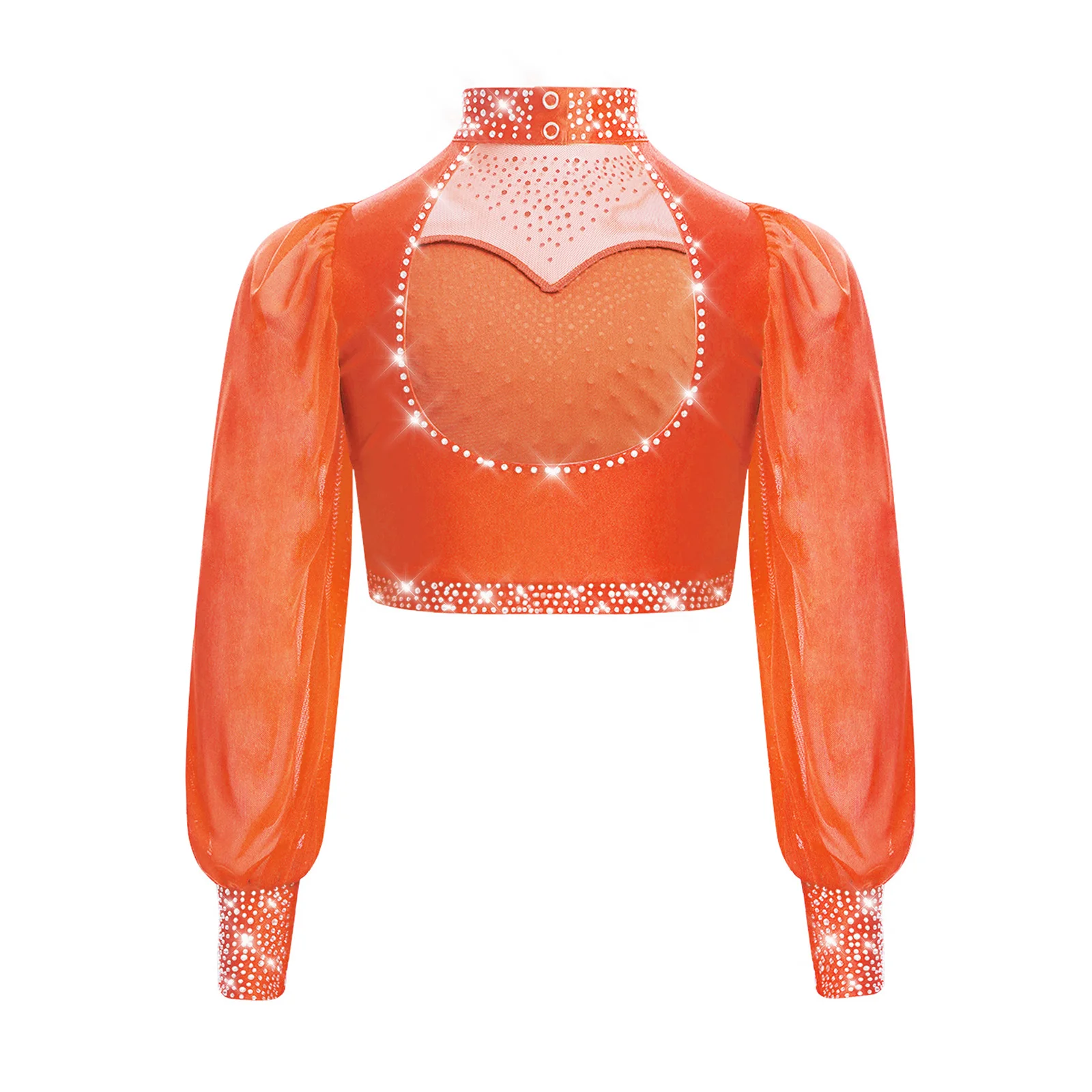 Haut de danse de Ballet lyrique pour enfants filles, maille transparente, manches longues, Costume de Performance, dos découpé, strass, pull, haut court