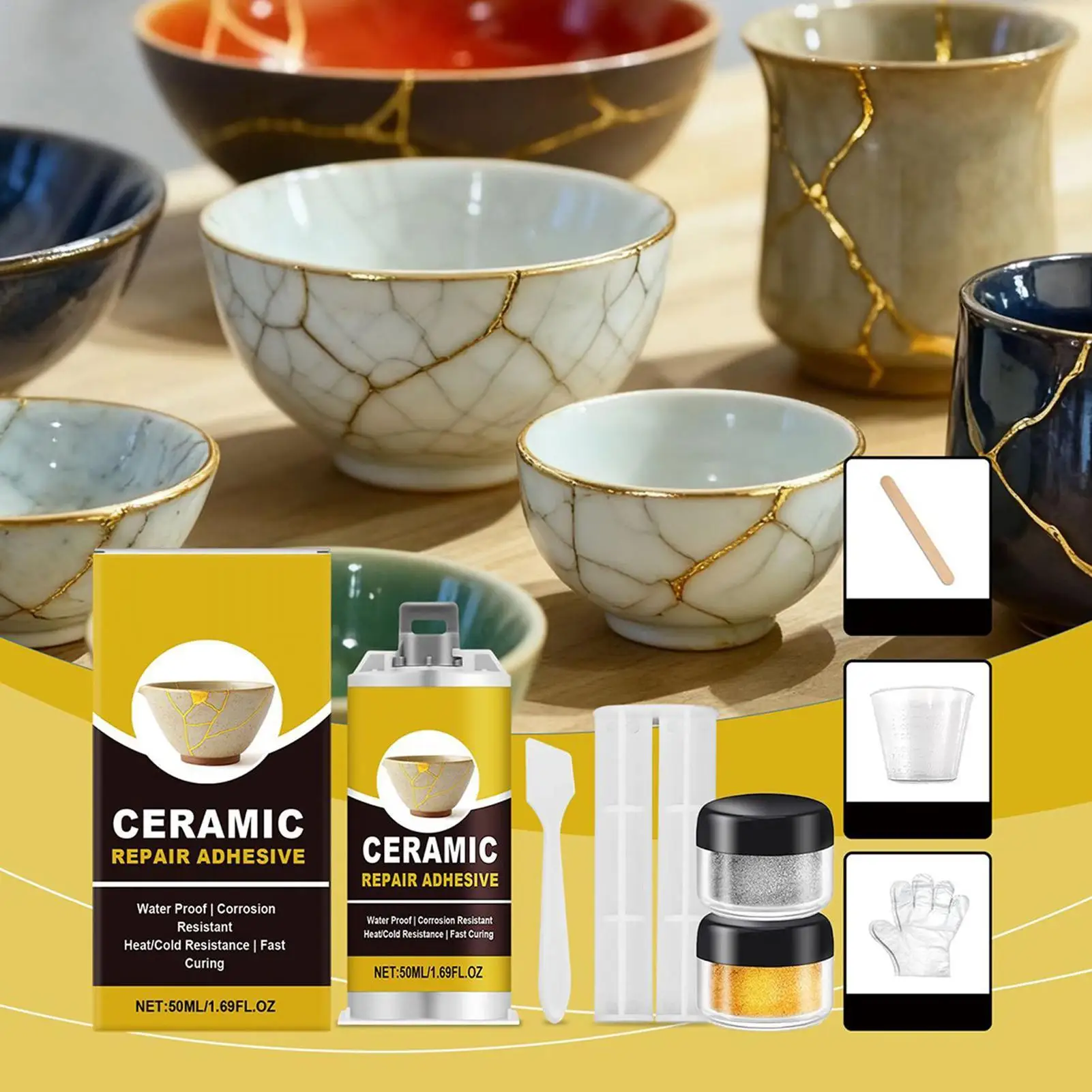 Ceramic Repair Kit Kintsugi Glue Deep Bonding for Broken Porcelain and Glass Cracks with Artistic Texture